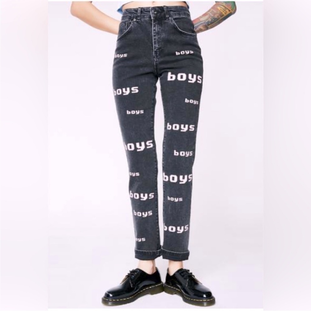 THE RAGGED PRIEST Boys Print Black Straight Leg Jeans 26 Y2K Punk